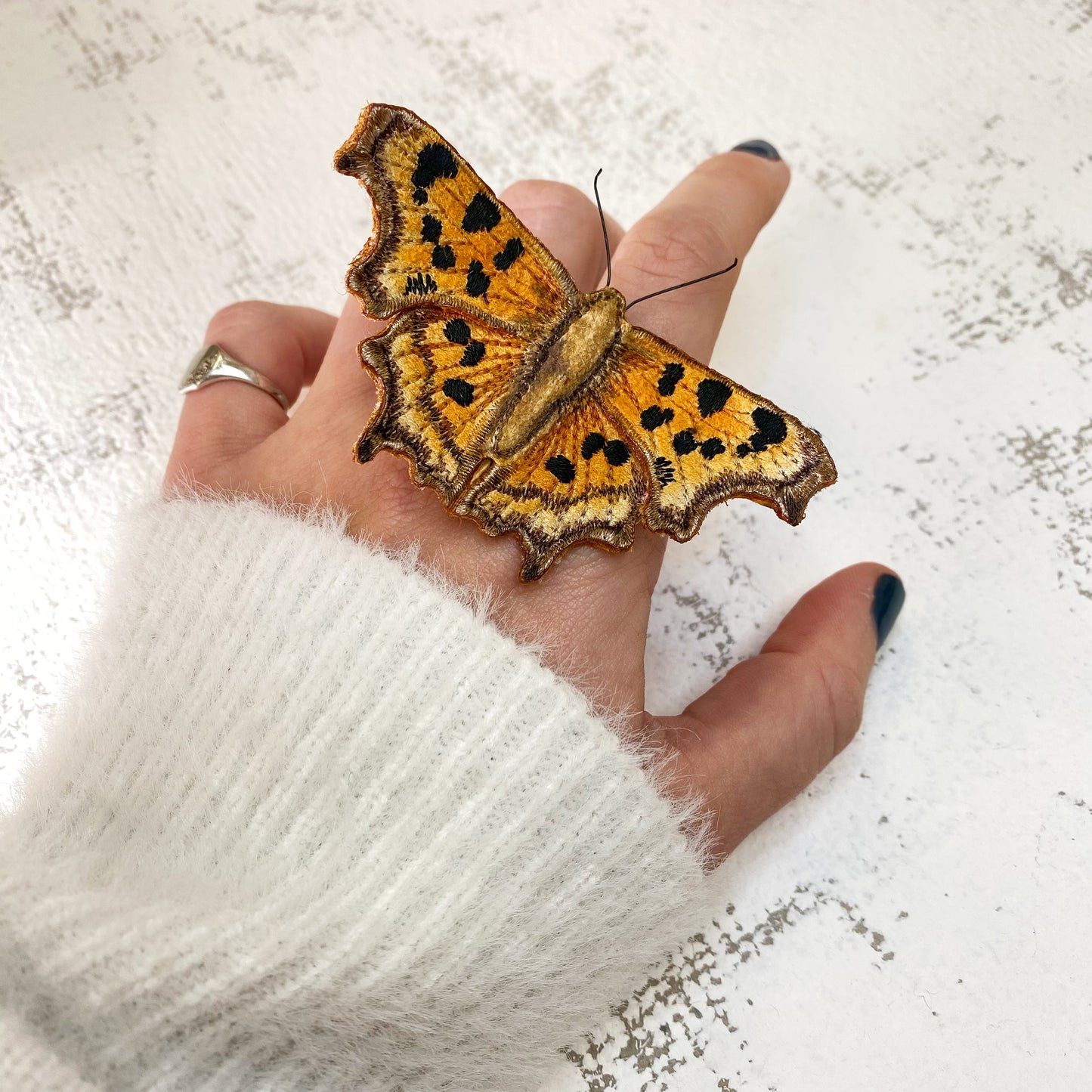 Comma butterfly brooch, hand made textile butterfly, realistic embroidered butterfly brooch