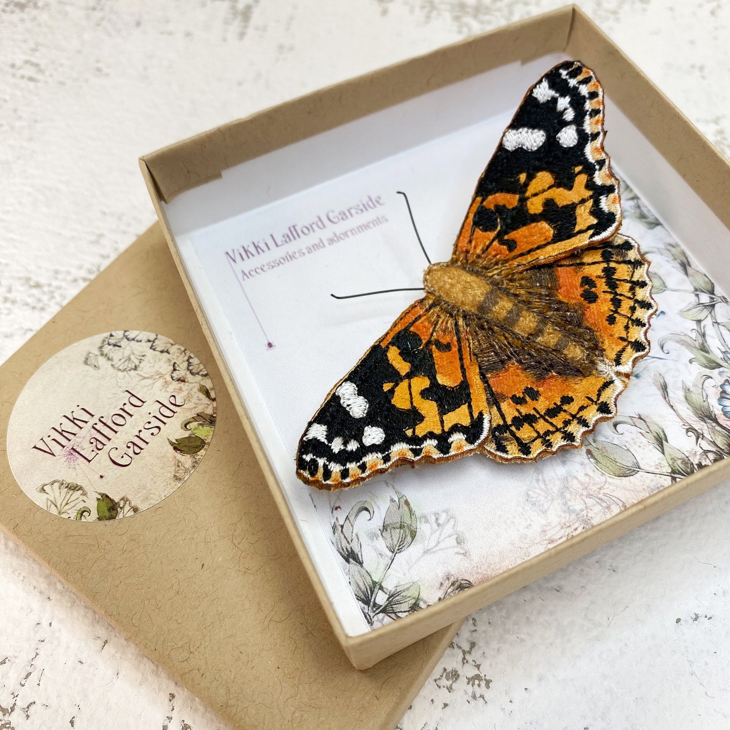 Embroidered fabric Painted Lady butterfly brooch