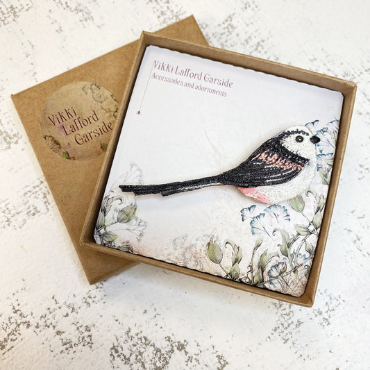 Long-tailed tit brooch, embroidered bird pin