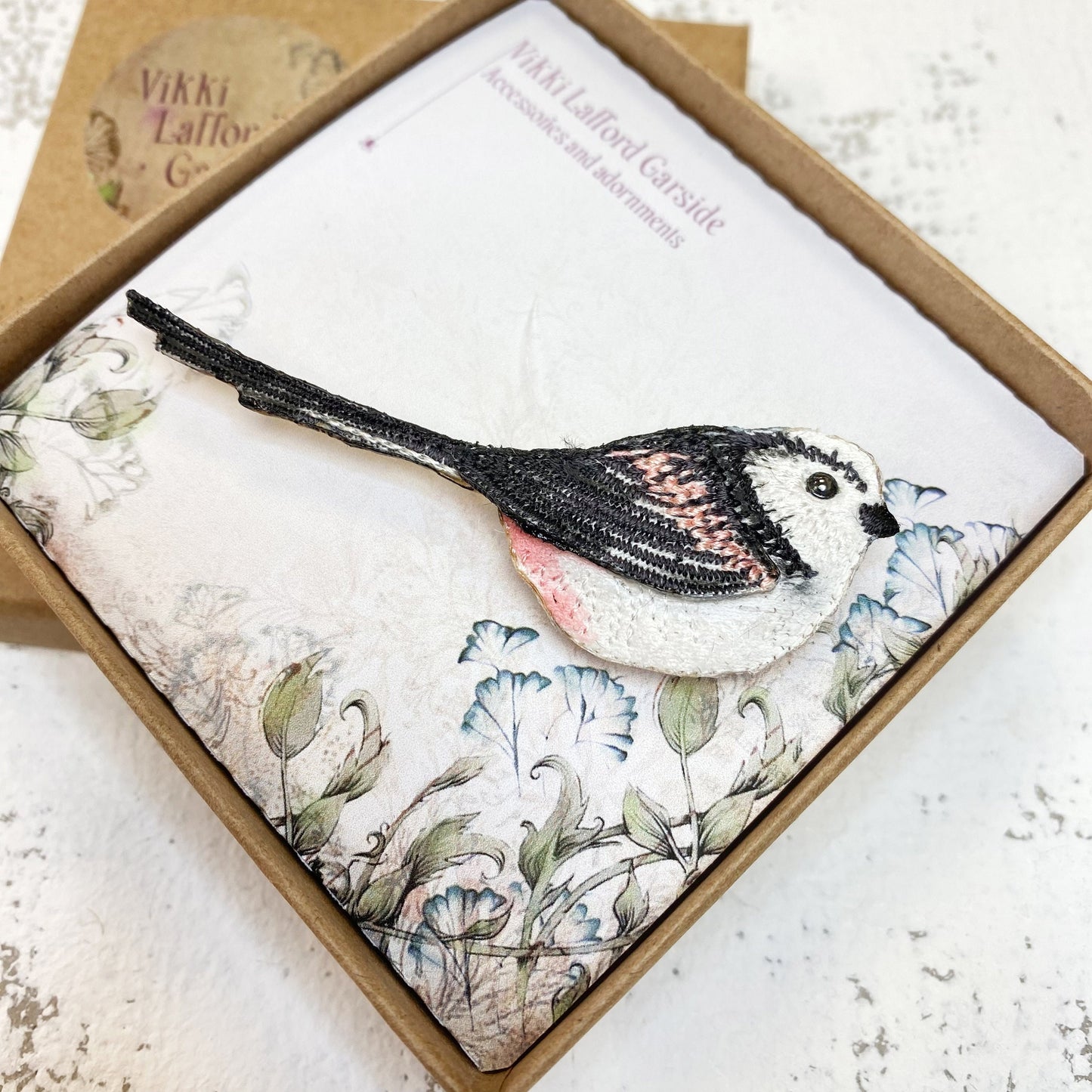 Long-tailed tit brooch, embroidered bird pin
