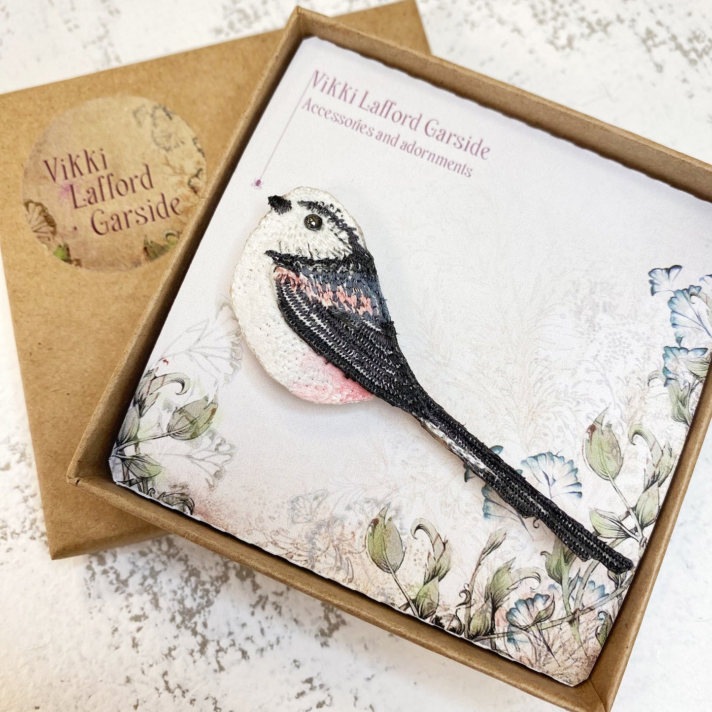 Long-tailed tit brooch, embroidered bird pin