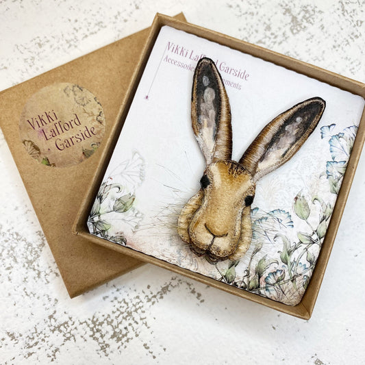 Embroidered and hand painted hare brooch