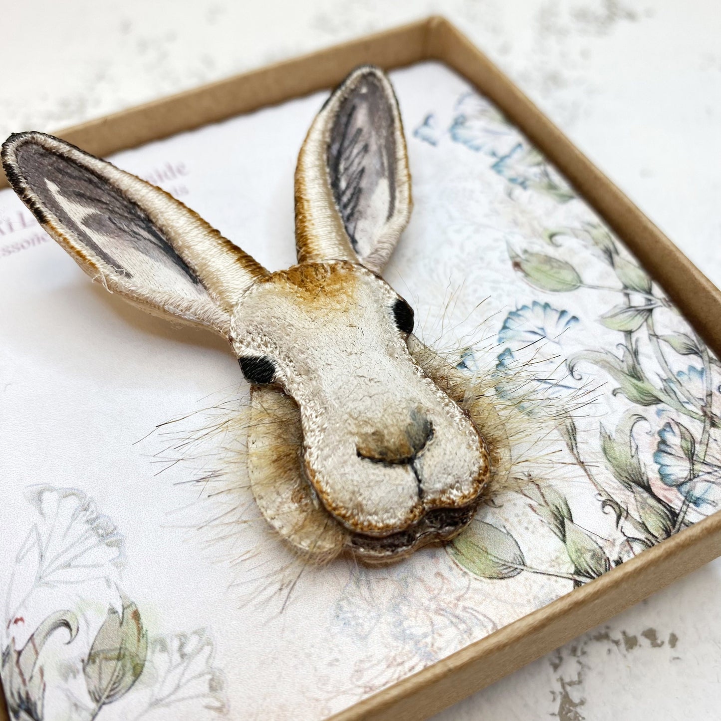 Mountain Hare brooch, embroidered and hand painted wild hare pin