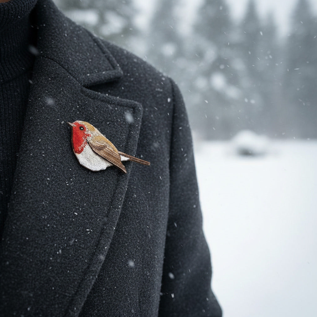 A brooch depicting a red-breasted robin, embroidered and painted on fabric, displayed in an open gift box with the artist's name and a floral pattern in the background.