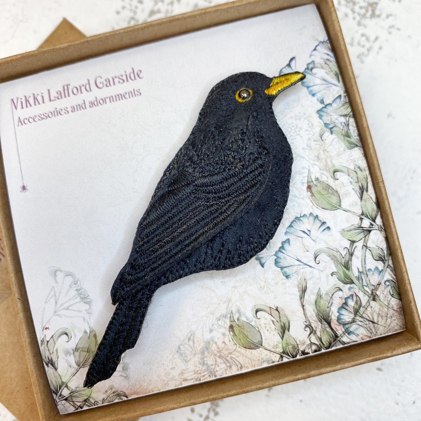 Embroidered and hand painted Blackbird brooch