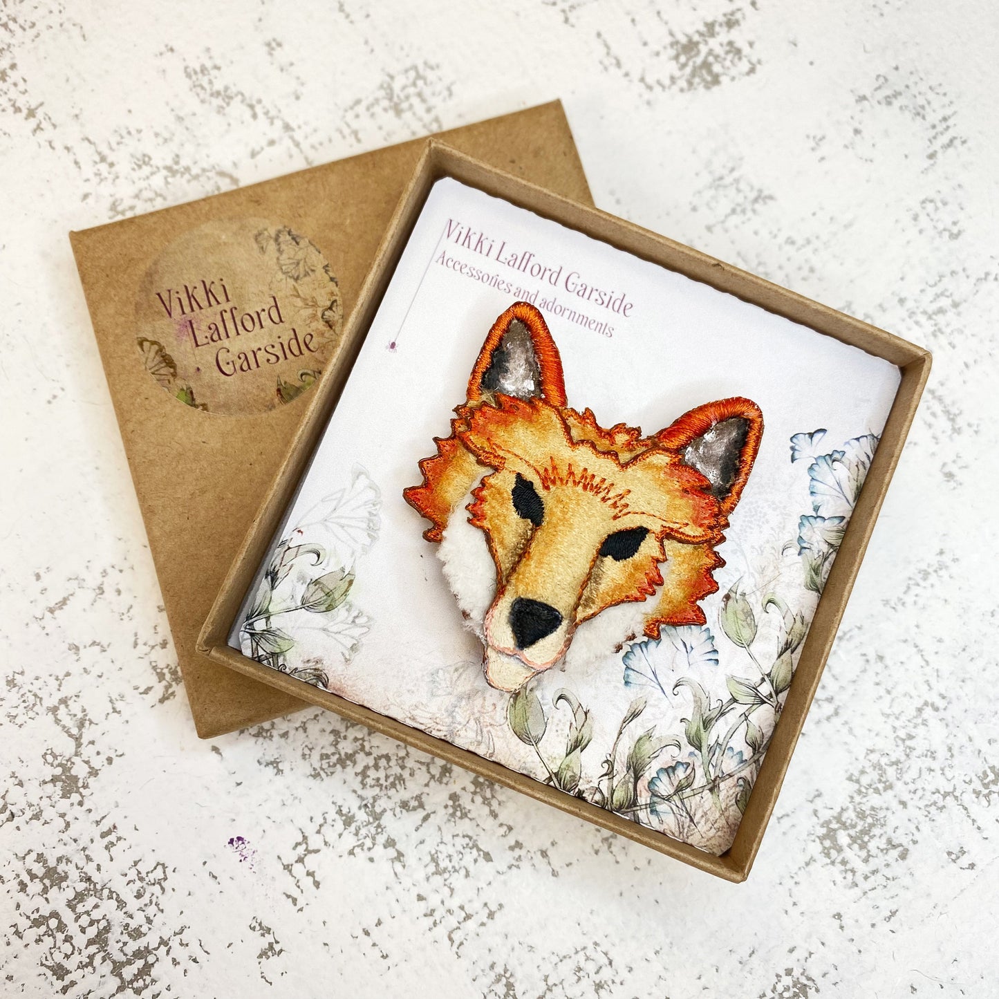 Fox brooch, embroidered and hand painted textile fox adornment