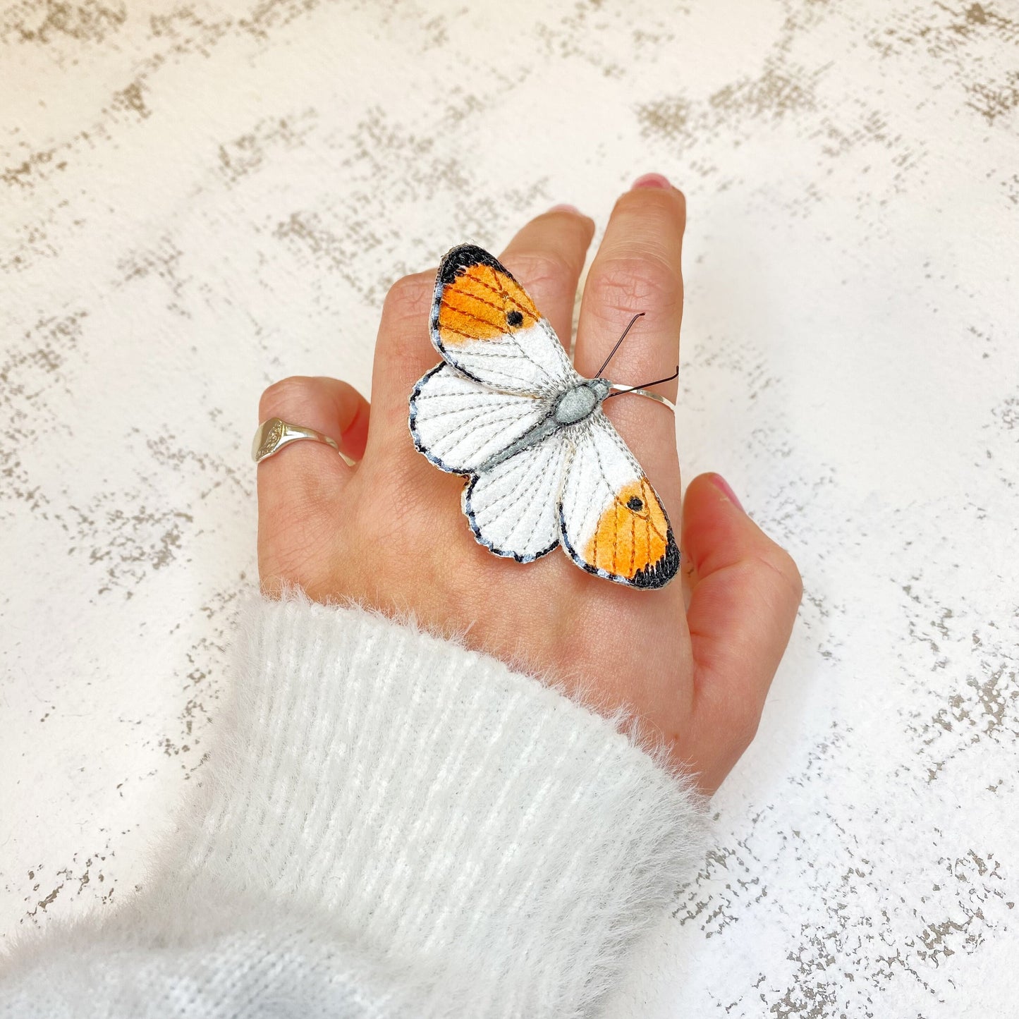 Orange-tip butterfly embroidered and hand painted brooch pin