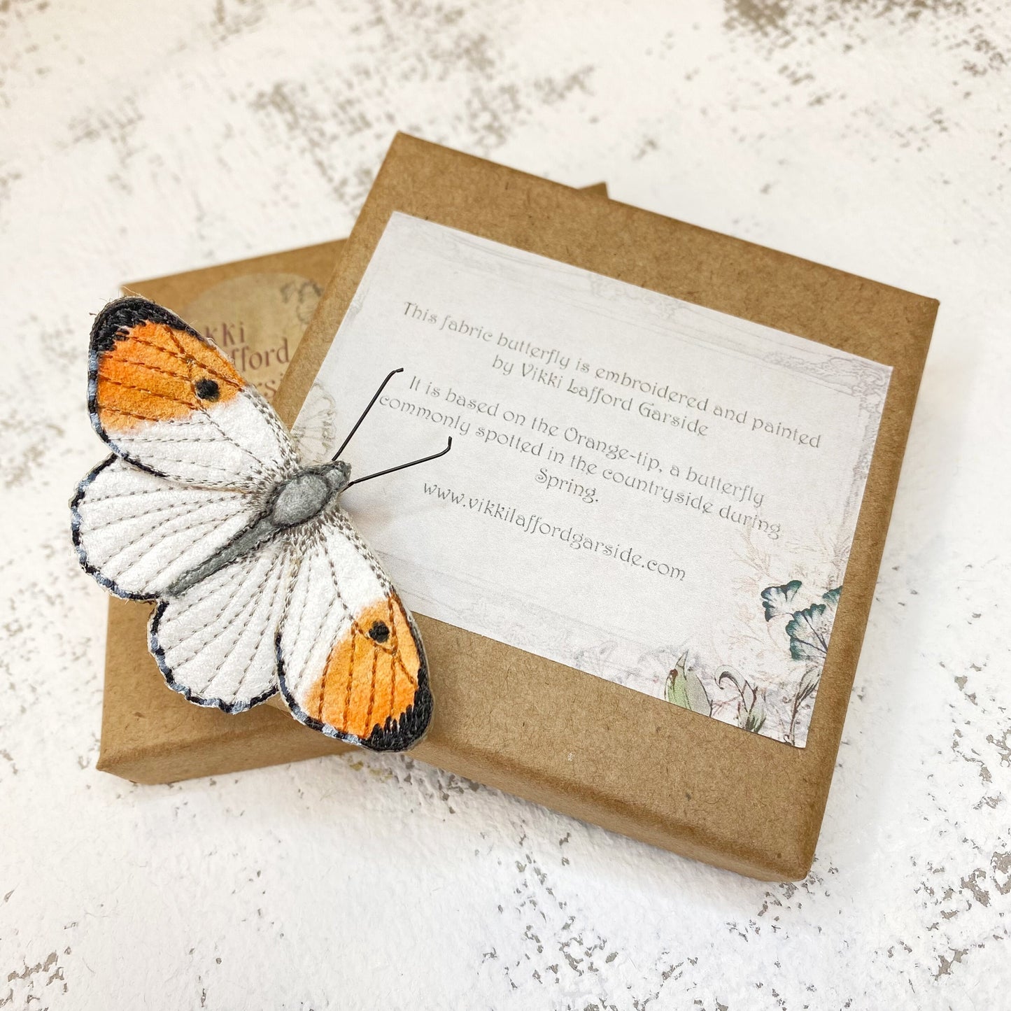 Orange-tip butterfly embroidered and hand painted brooch pin
