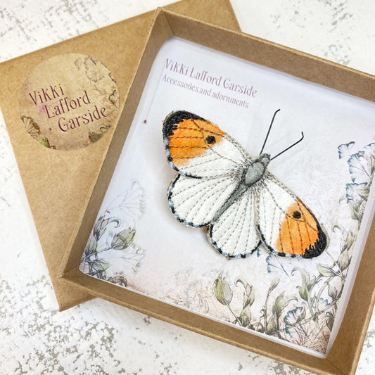 Orange-tip butterfly embroidered and hand painted brooch pin
