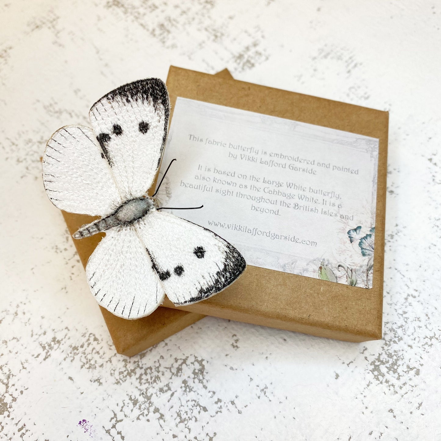Cabbage White butterfly brooch, embroidered and hand painted delicate butterfly