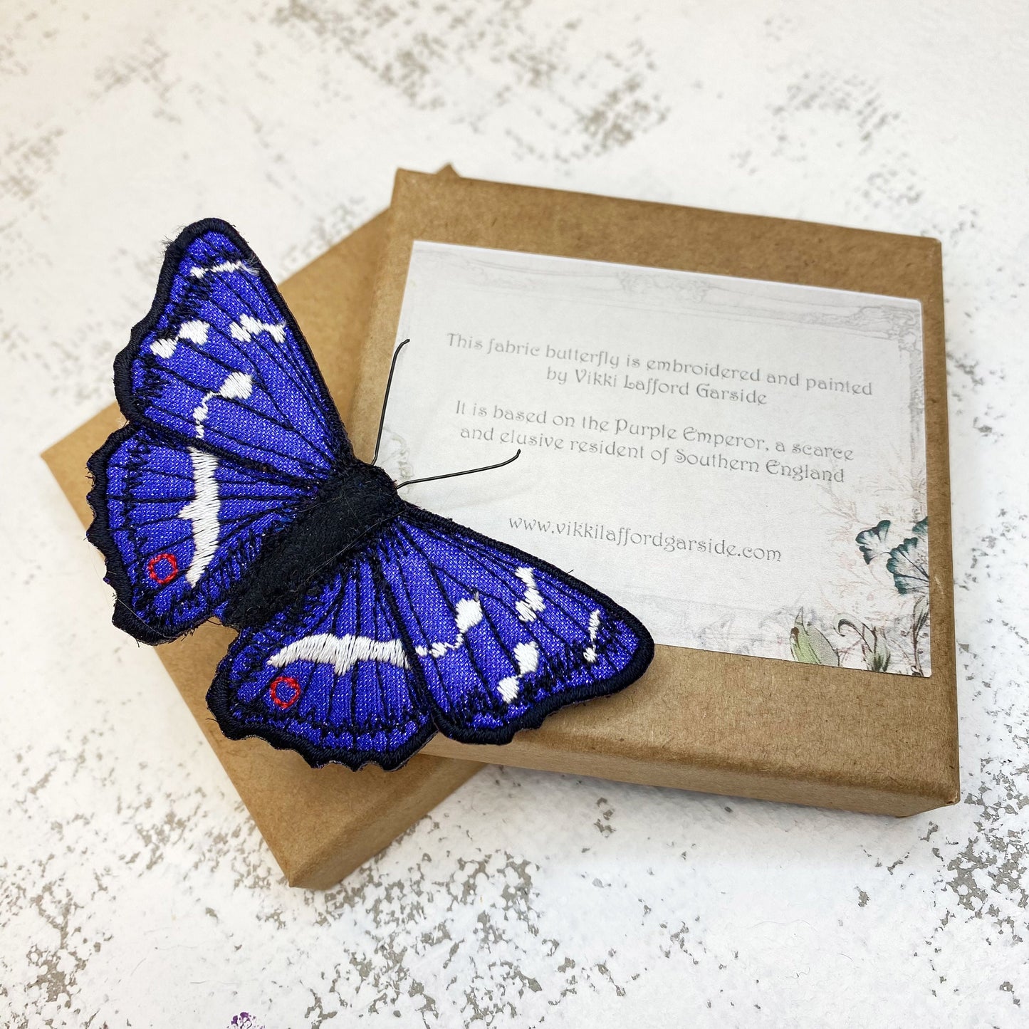 Purple Emperor butterfly brooch, embroidered and hand painted fabric butterfly on brooch pin