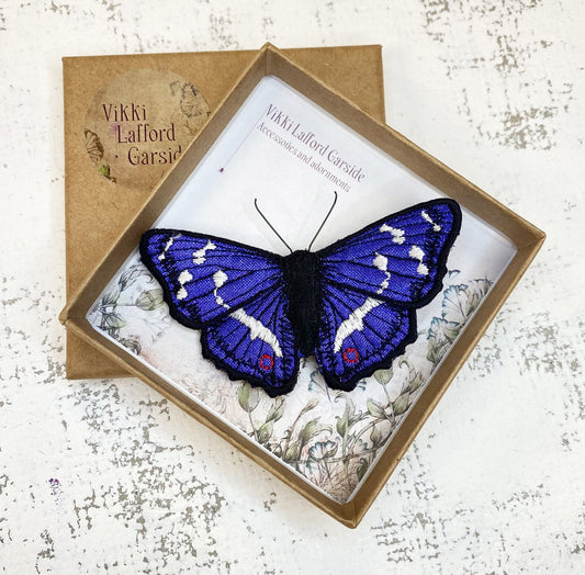 Purple Emperor butterfly brooch, embroidered and hand painted fabric butterfly on brooch pin