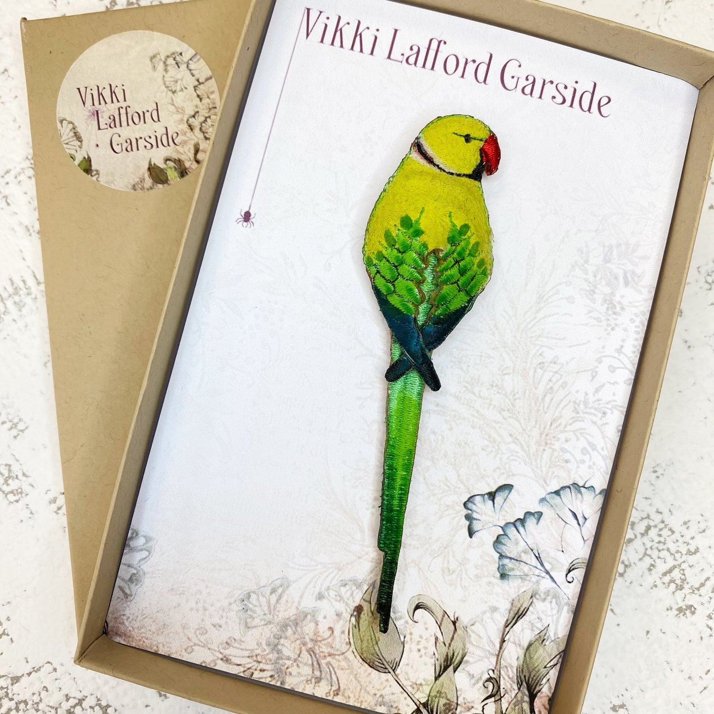 Ring-necked Parakeet brooch, embroidered and hand painted green bird brooch