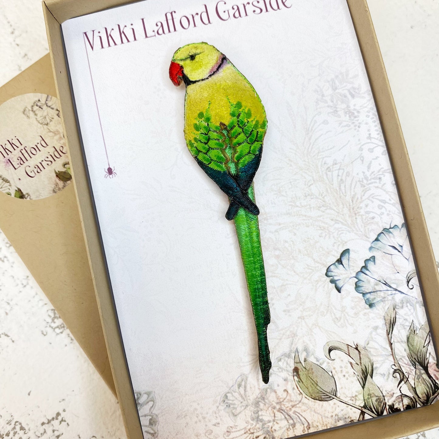 Ring-necked Parakeet brooch, embroidered and hand painted green bird brooch