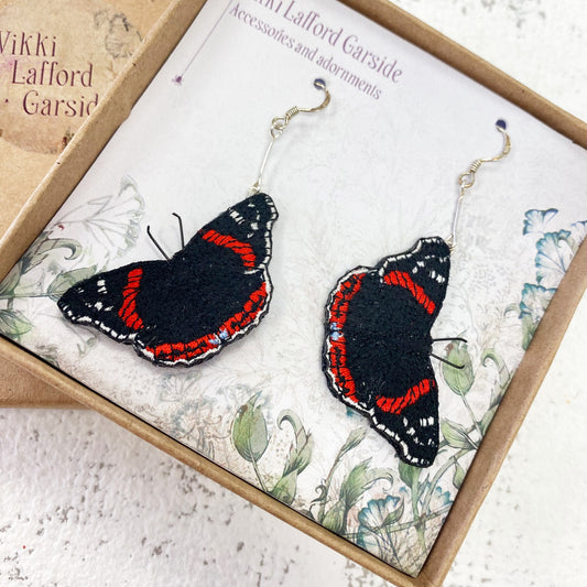 Statement Red Admiral butterfly embroidered and hand painted drop earrings