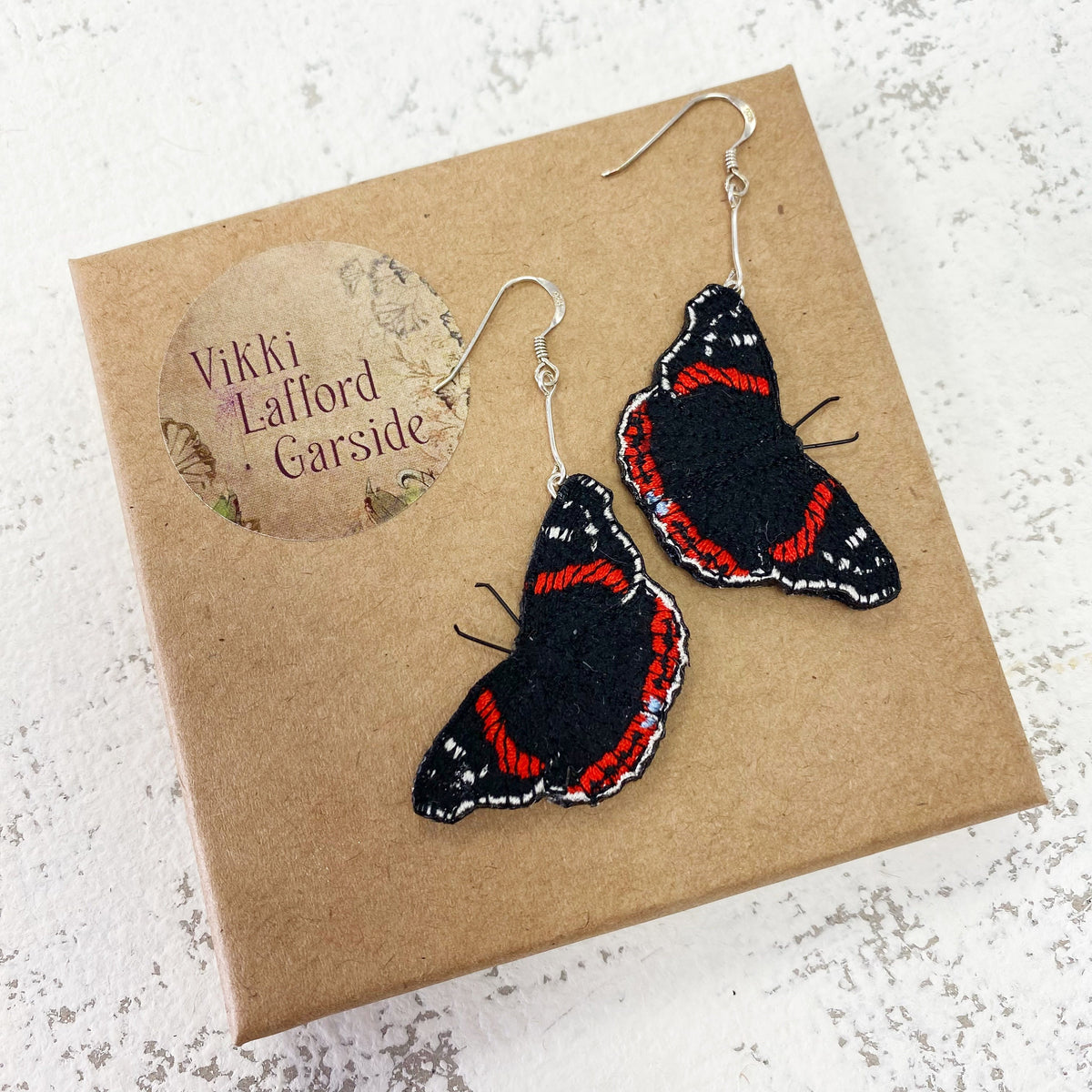 Statement Red Admiral butterfly embroidered and hand painted drop earrings