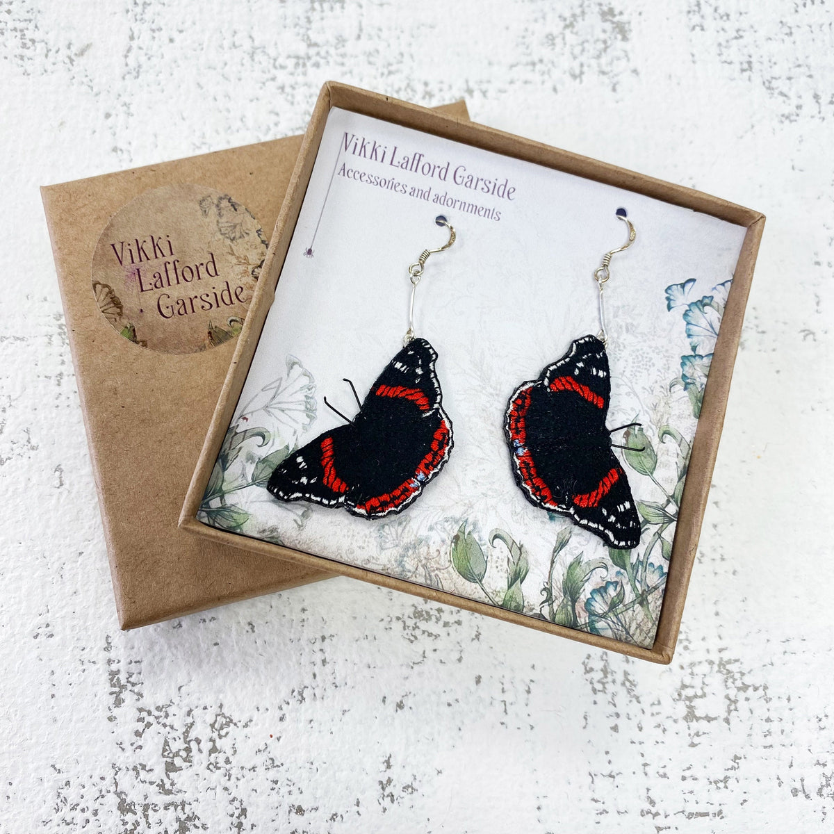 Statement Red Admiral butterfly embroidered and hand painted drop earrings