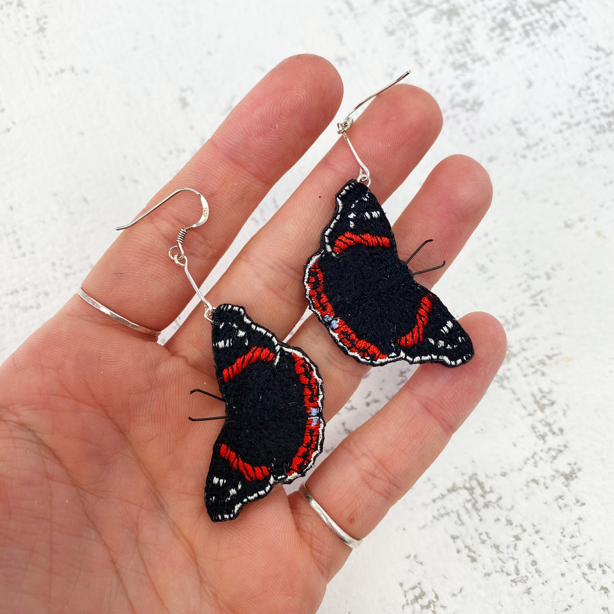 Statement Red Admiral butterfly embroidered and hand painted drop earrings