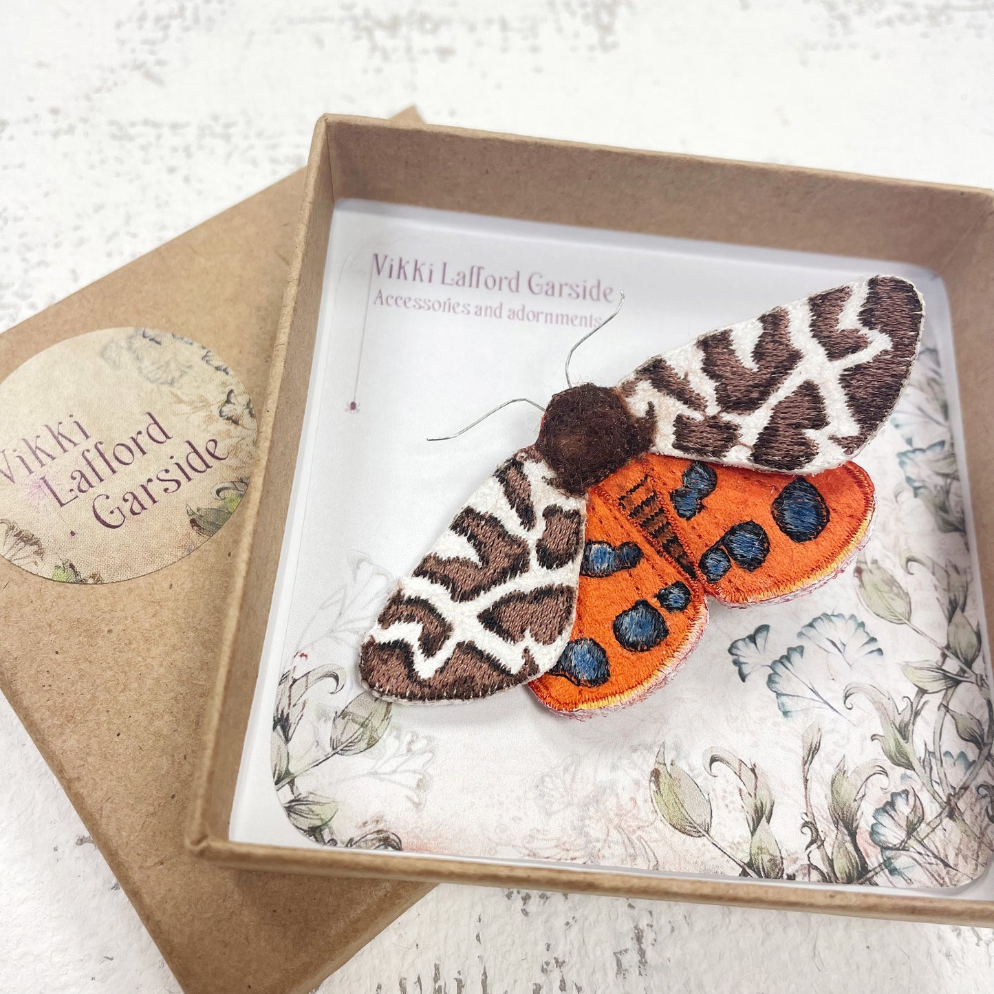 Garden tiger moth brooch, embroidered and hand painted fabric moth brooch