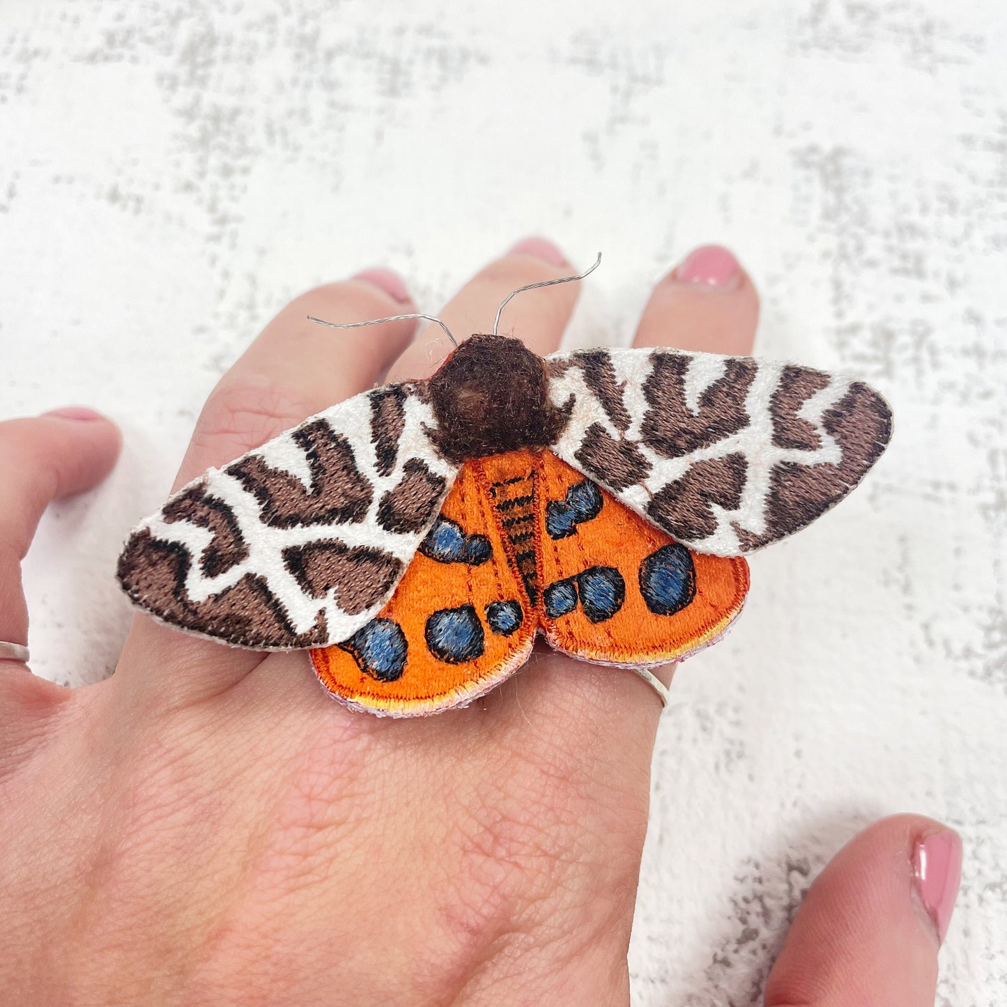 Garden tiger moth brooch, embroidered and hand painted fabric moth brooch