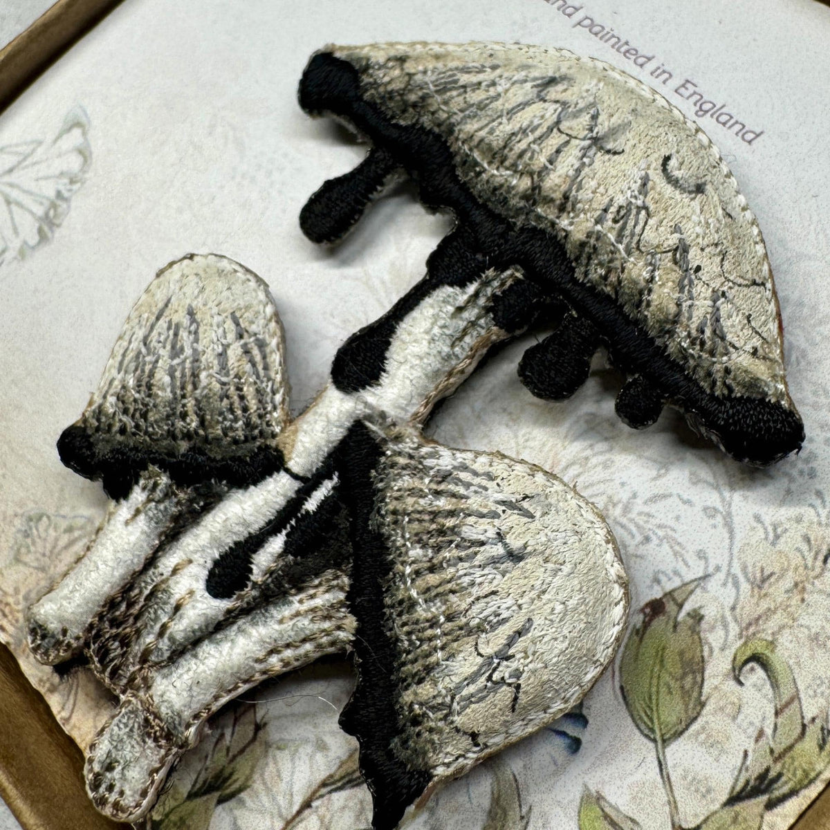 Shaggy Inkcap Mushroom Brooch – Embroidered & Hand-Painted Woodland Jewellery