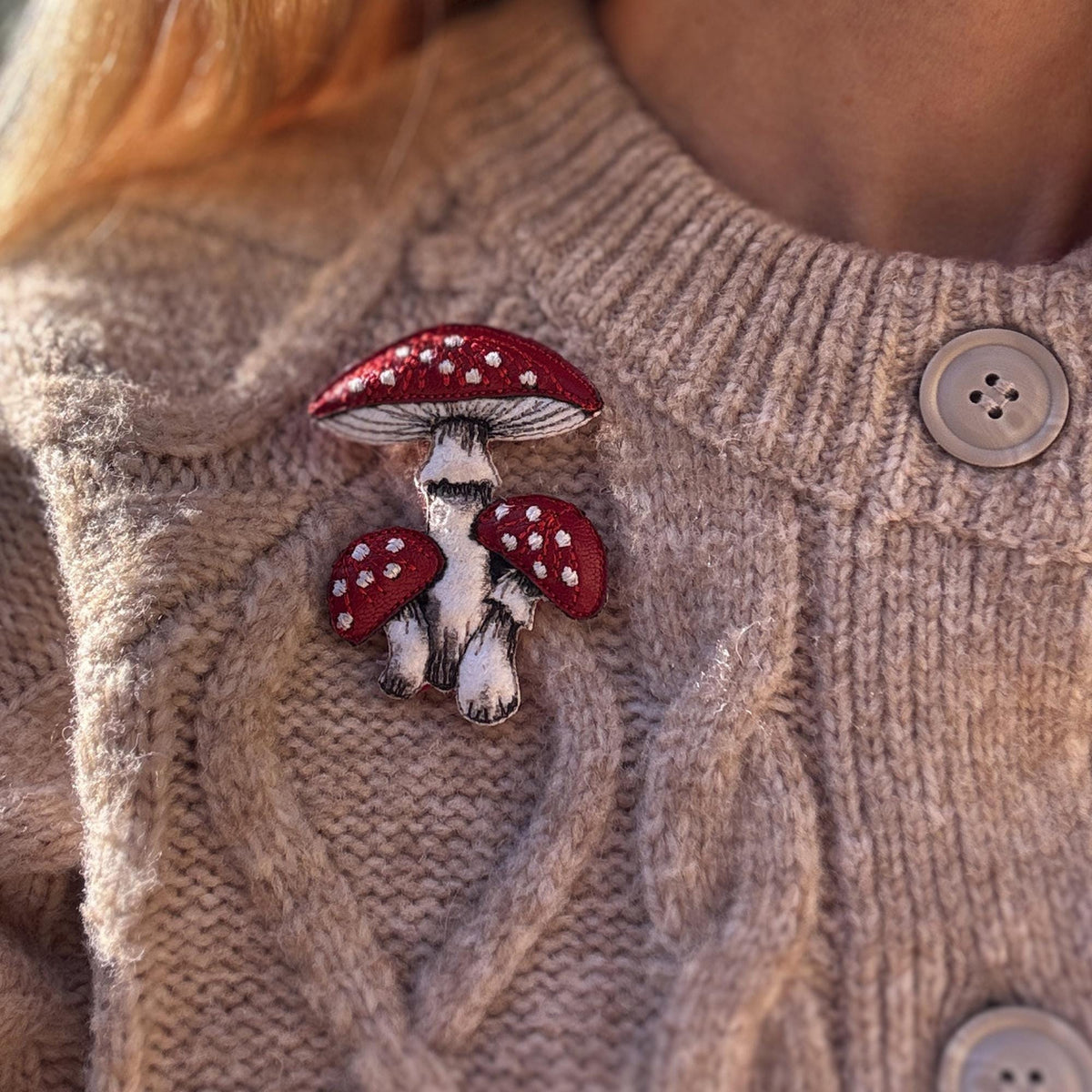 Fly Agaric Mushroom Brooch – Embroidered & Hand-Painted Textile Jewellery for Autumn