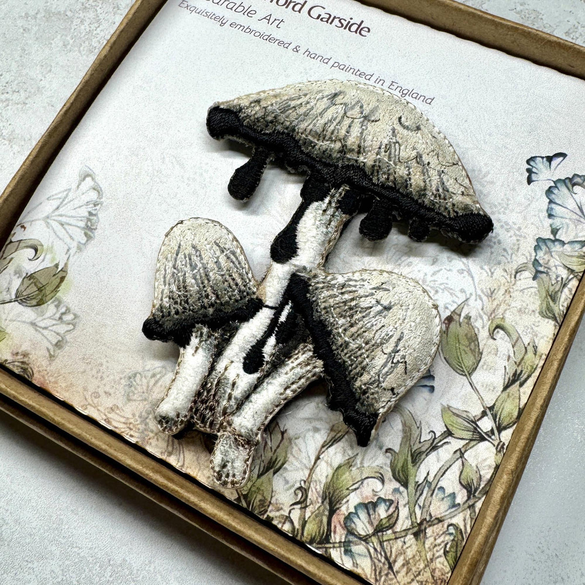 Shaggy Inkcap Mushroom Brooch – Embroidered & Hand-Painted Woodland Jewellery
