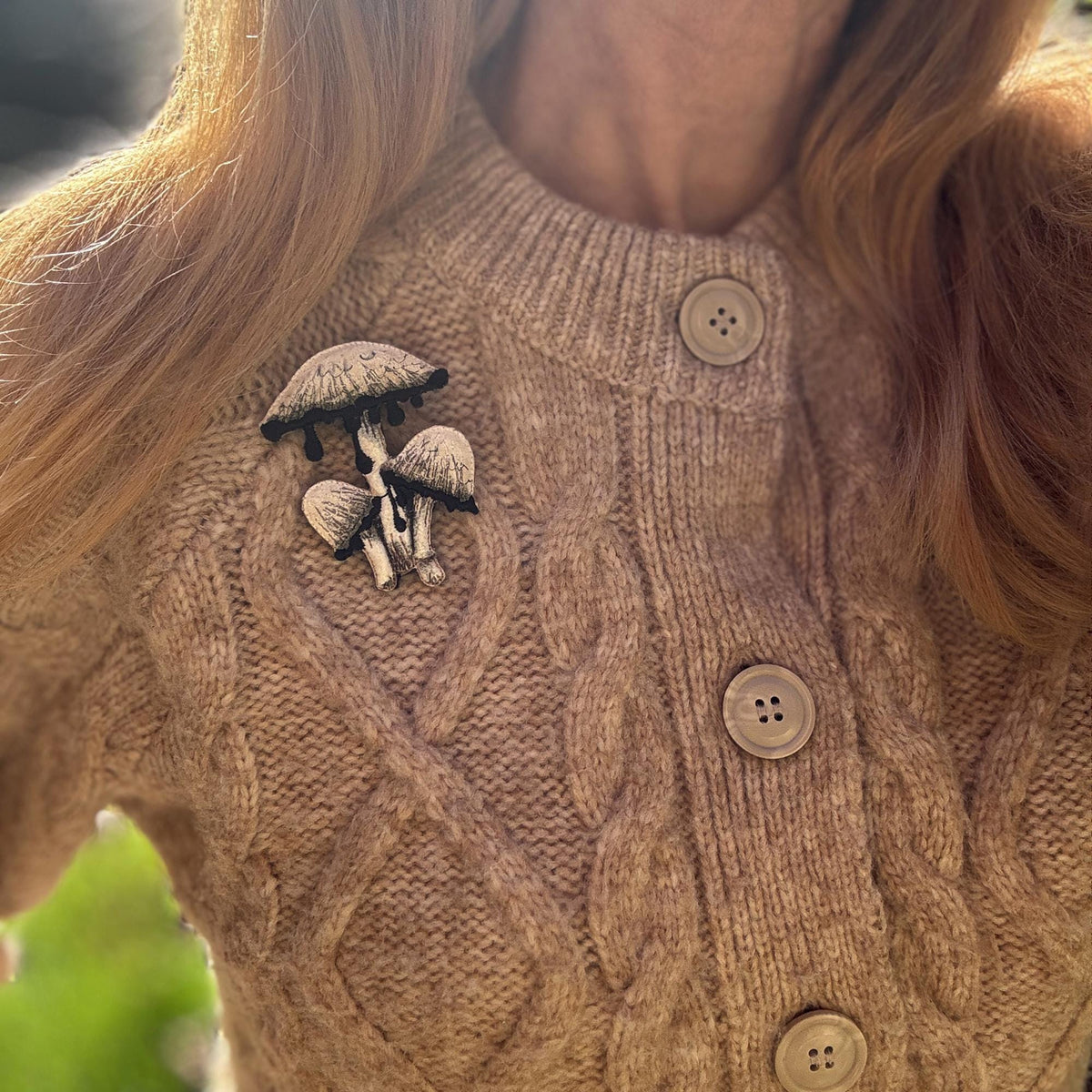 Shaggy Inkcap Mushroom Brooch – Embroidered & Hand-Painted Woodland Jewellery